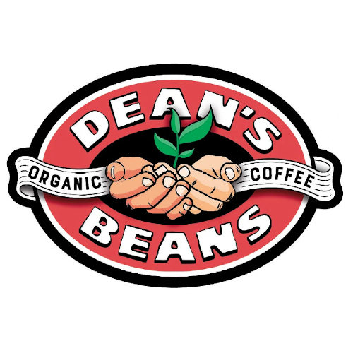 Logo of Dean's Beans Organic Coffee with two hands shaking over coffee beans on a red background.