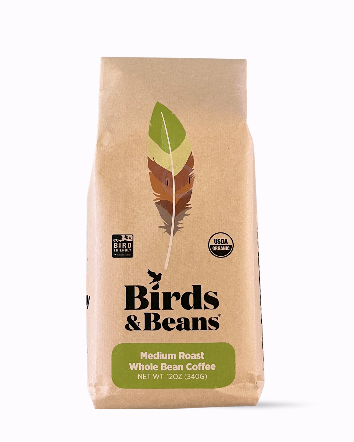 Birds & Beans coffee bag with a leaf and feather design on a white background