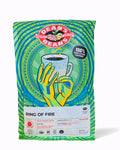 Bag of Dean's Beans Ring of Fire coffee with colorful design and cup illustration.