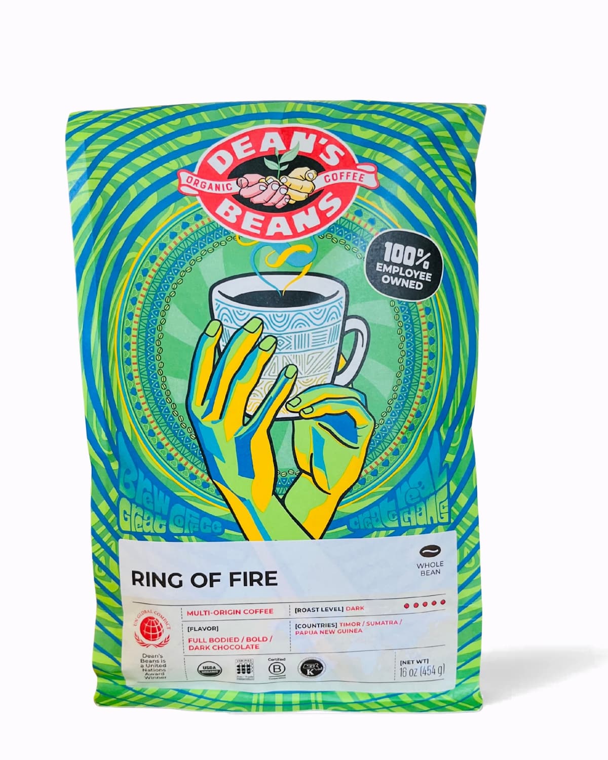 Bag of Dean's Beans Ring of Fire coffee with colorful design and cup illustration.
