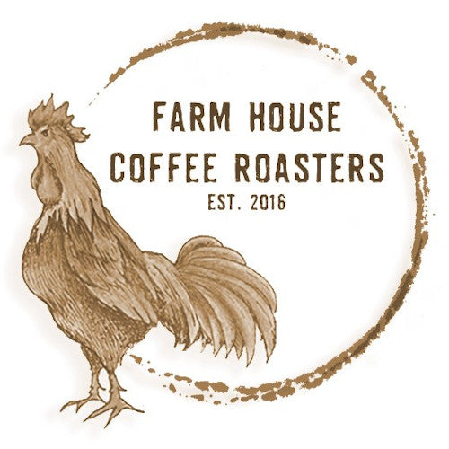 Logo of Farm House Coffee Roasters with a rooster illustration on a white background