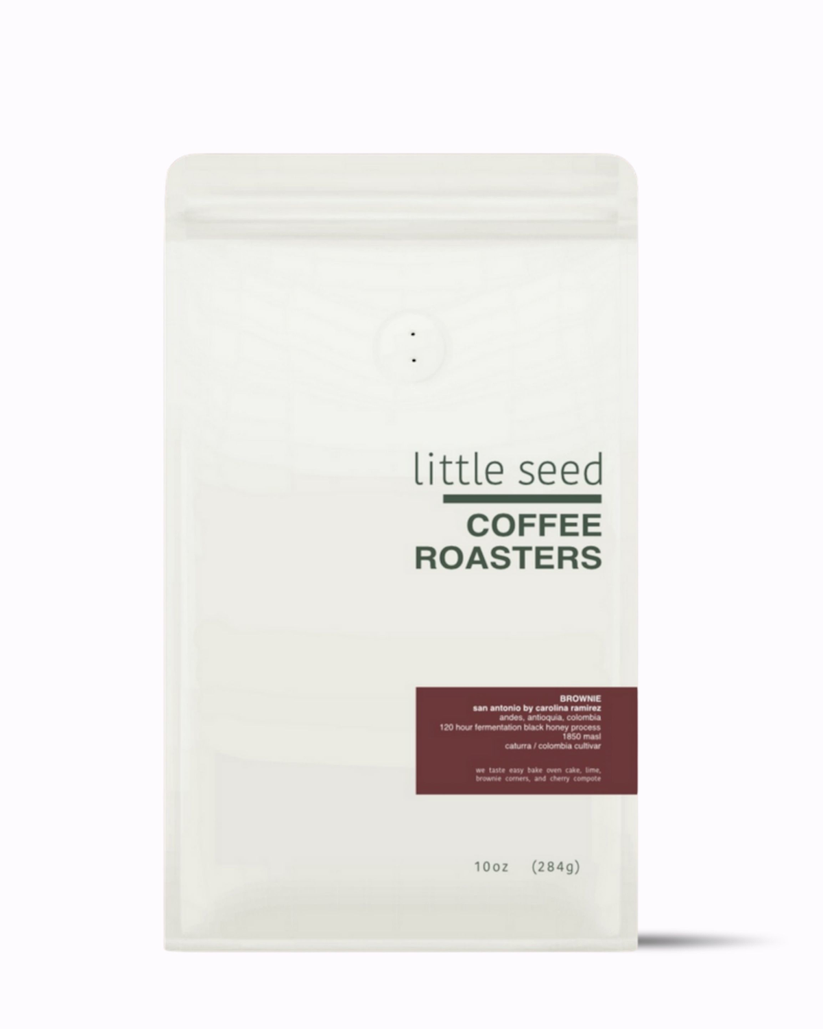 Coffee package from 'little seed Coffee Roasters' on a white background