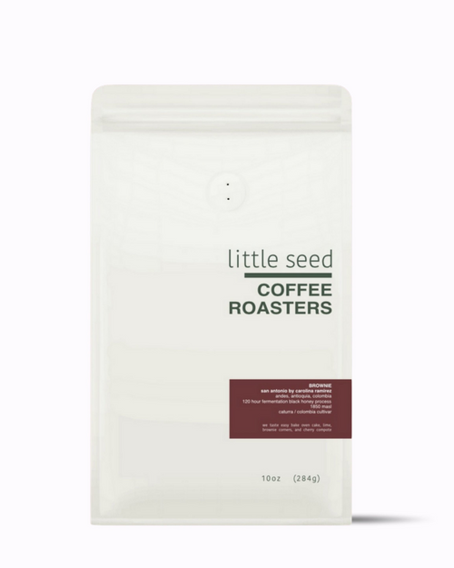 Coffee package from 'little seed Coffee Roasters' on a white background